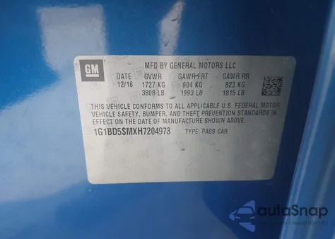 2017 Chevrolet Cruze Lt Manual z USA, uszkodzony, nr VIN 1G1BD5SMXH7204973